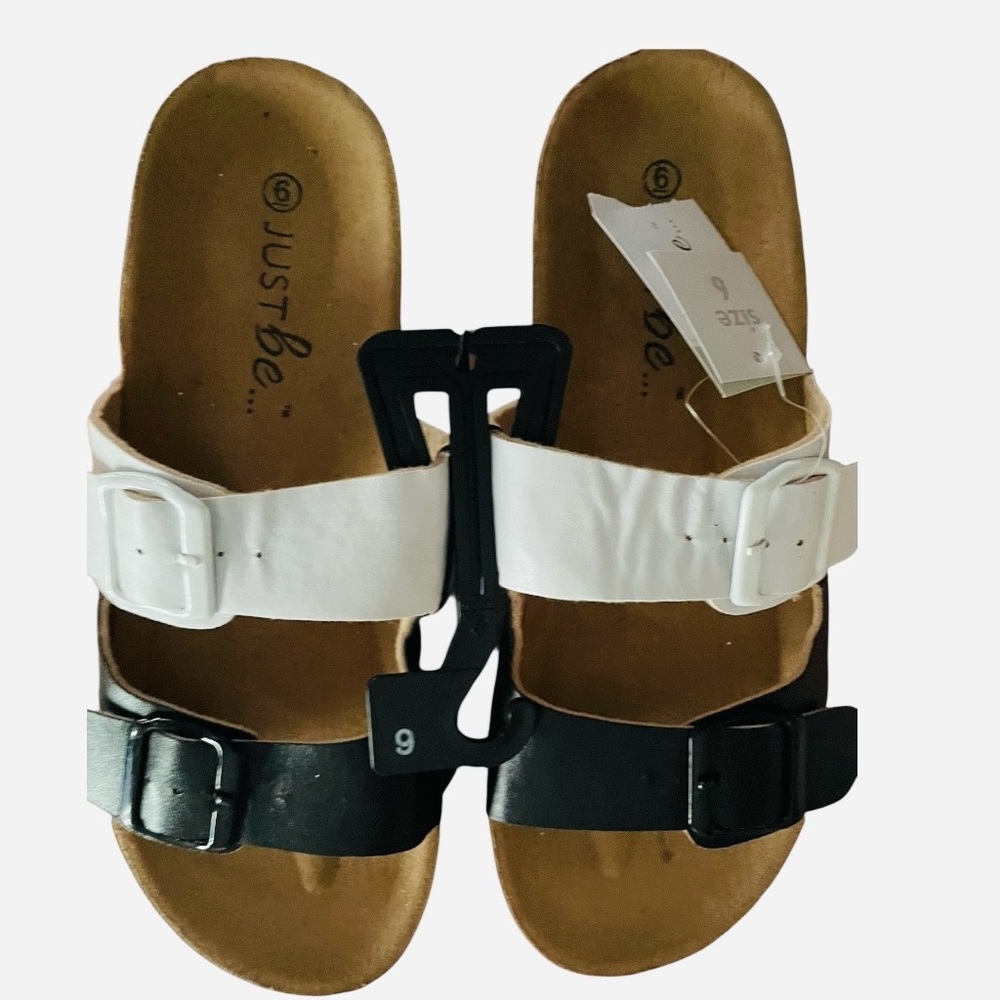 NWT Woman’s Just Be Dual-Tone Sandals in Black and White With Adjustable Buckle